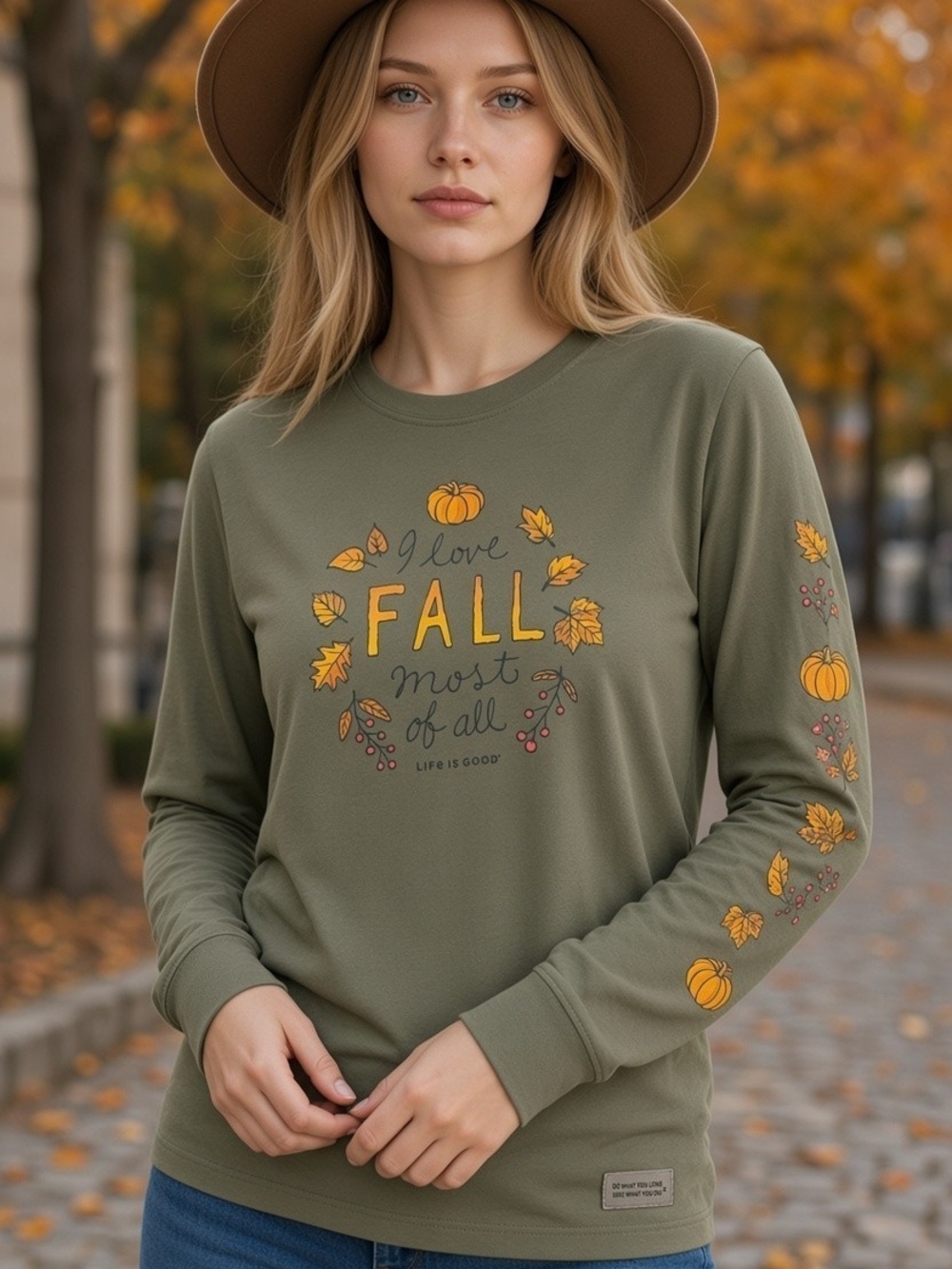 Life Is Good Olive Green Long Sleeve Tee with Fall Graphic